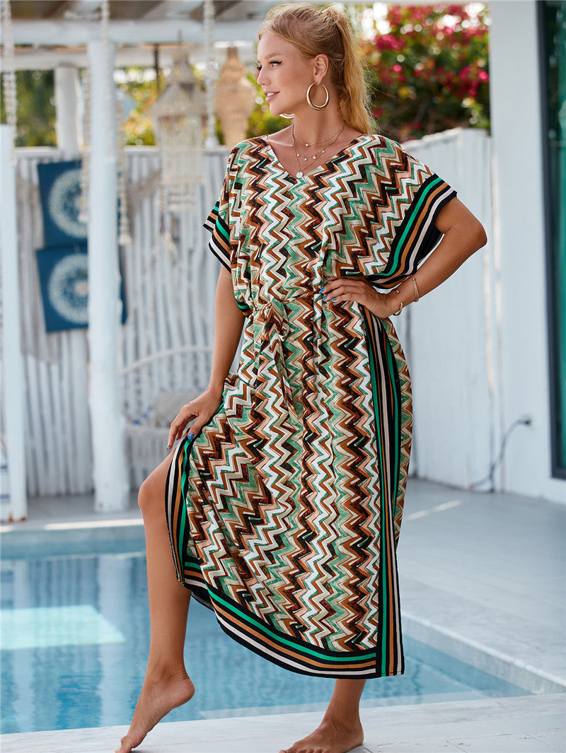 Rayon Wave Print Beach Cover-up Robe Vacation Sun Protection Shirt Bikini Cover Bella Mia